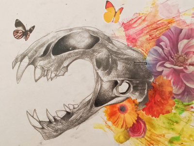 Skull cat and flowers